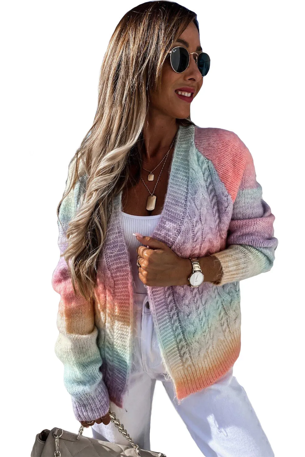 Gradient Color Chunky Knit Cardigan Open Front Cardigan