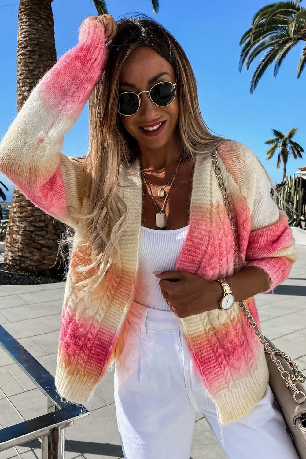 Gradient Color Chunky Knit Cardigan Open Front Cardigan