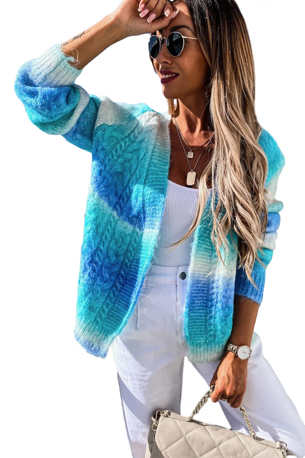 Gradient Color Chunky Knit Cardigan Open Front Cardigan