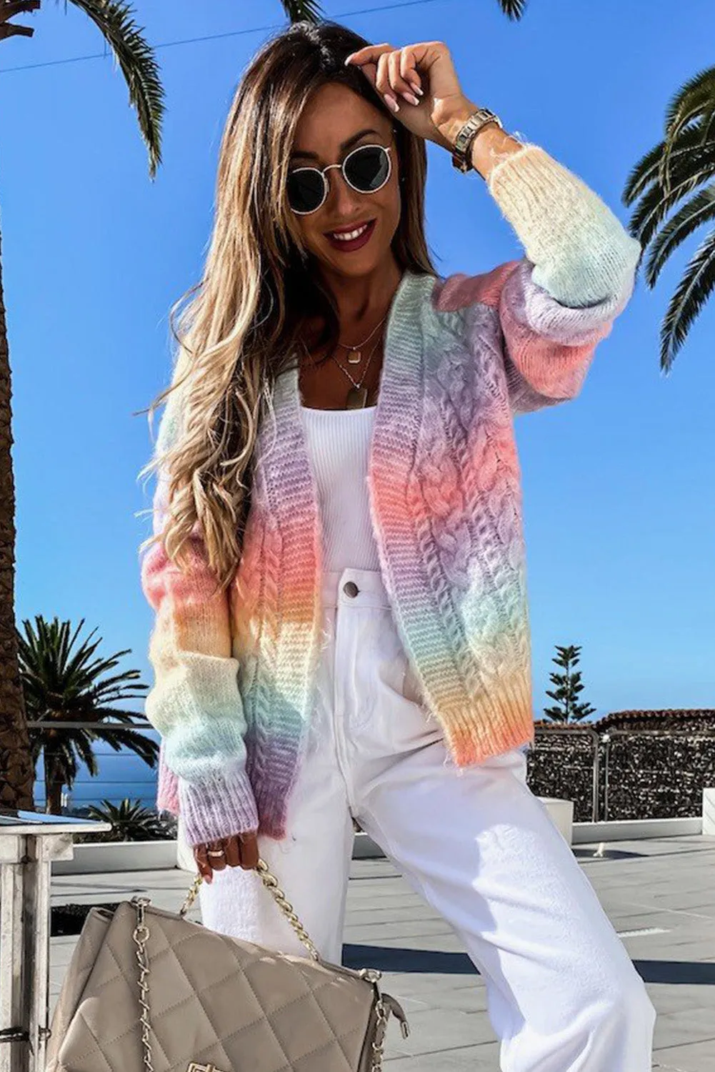 Gradient Color Chunky Knit Cardigan Open Front Cardigan