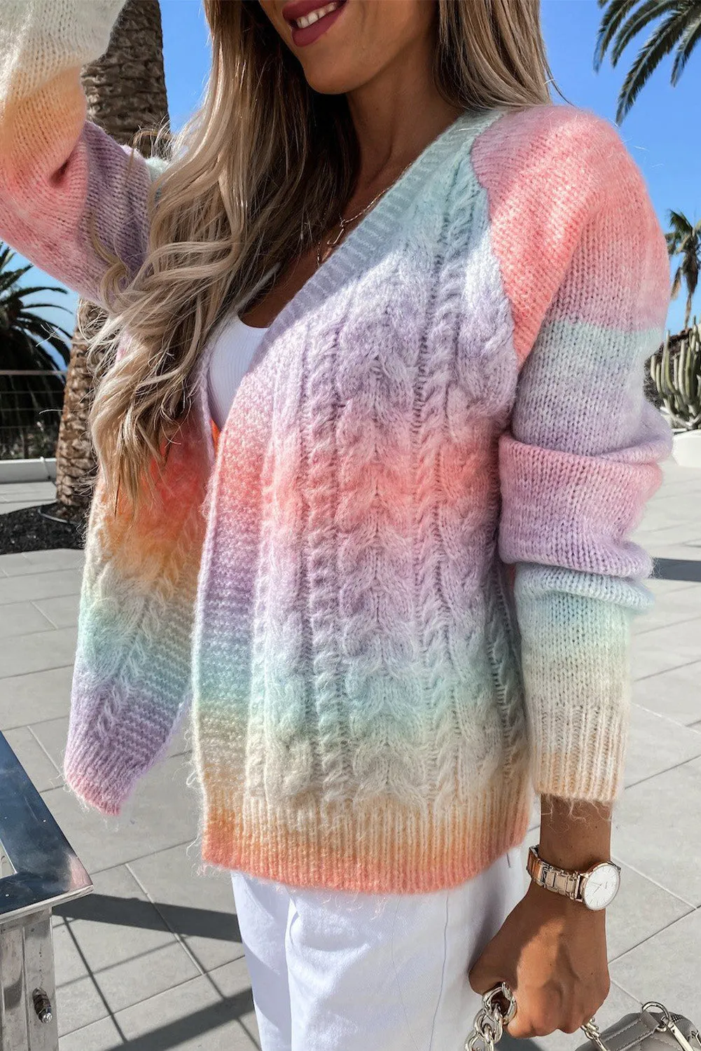 Gradient Color Chunky Knit Cardigan Open Front Cardigan