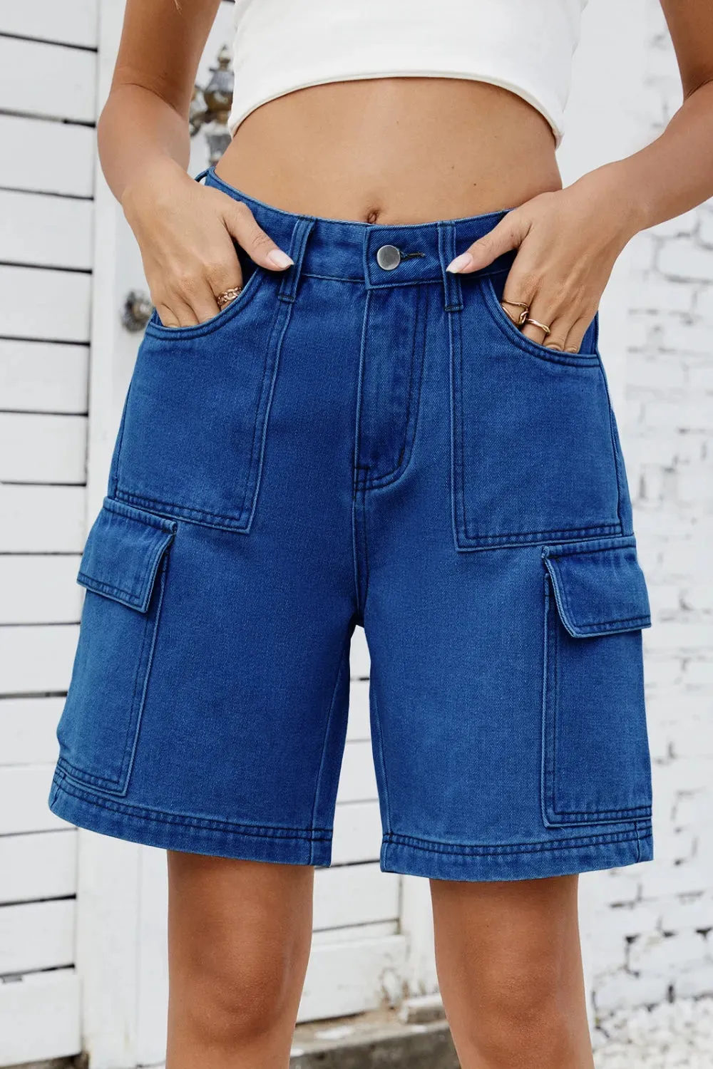 High Rise Denim Shorts with Cargo Pockets
