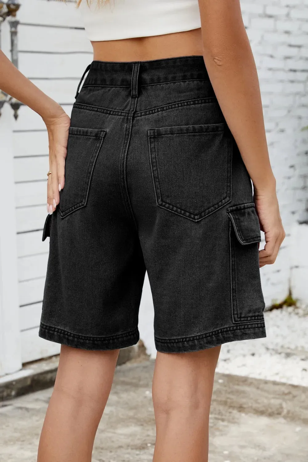 High Rise Denim Shorts with Cargo Pockets