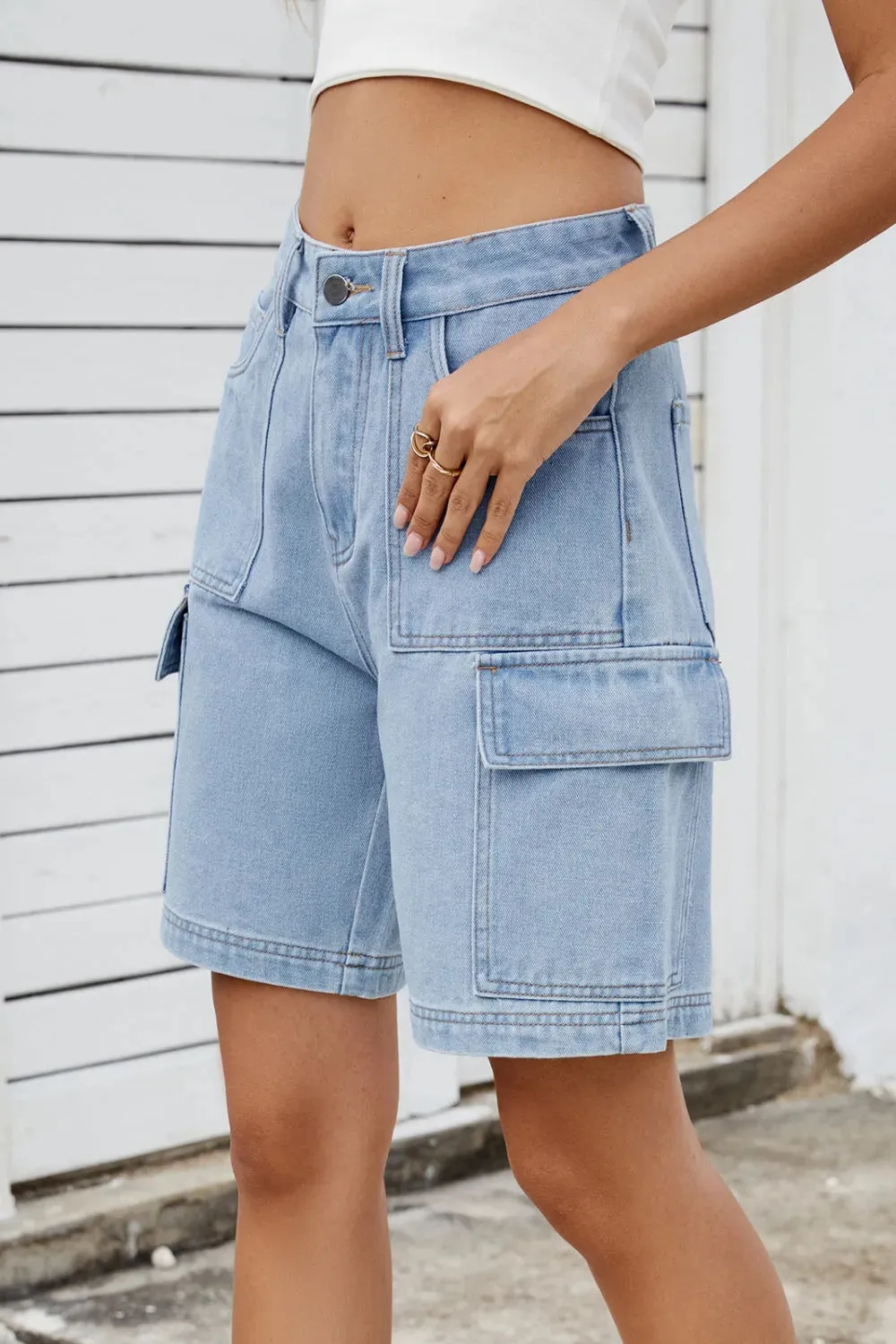 High Rise Denim Shorts with Cargo Pockets