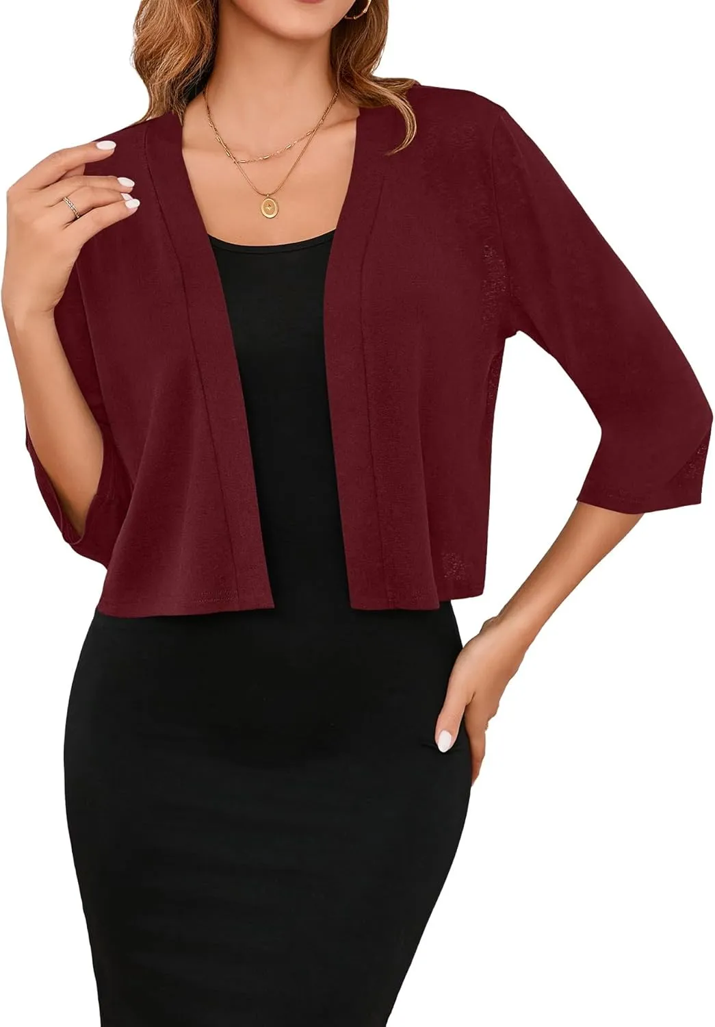 Iandroiy Women's 3/4 Sleeve Shrugs Lightweight Open Front Cropped Cardigan for Women