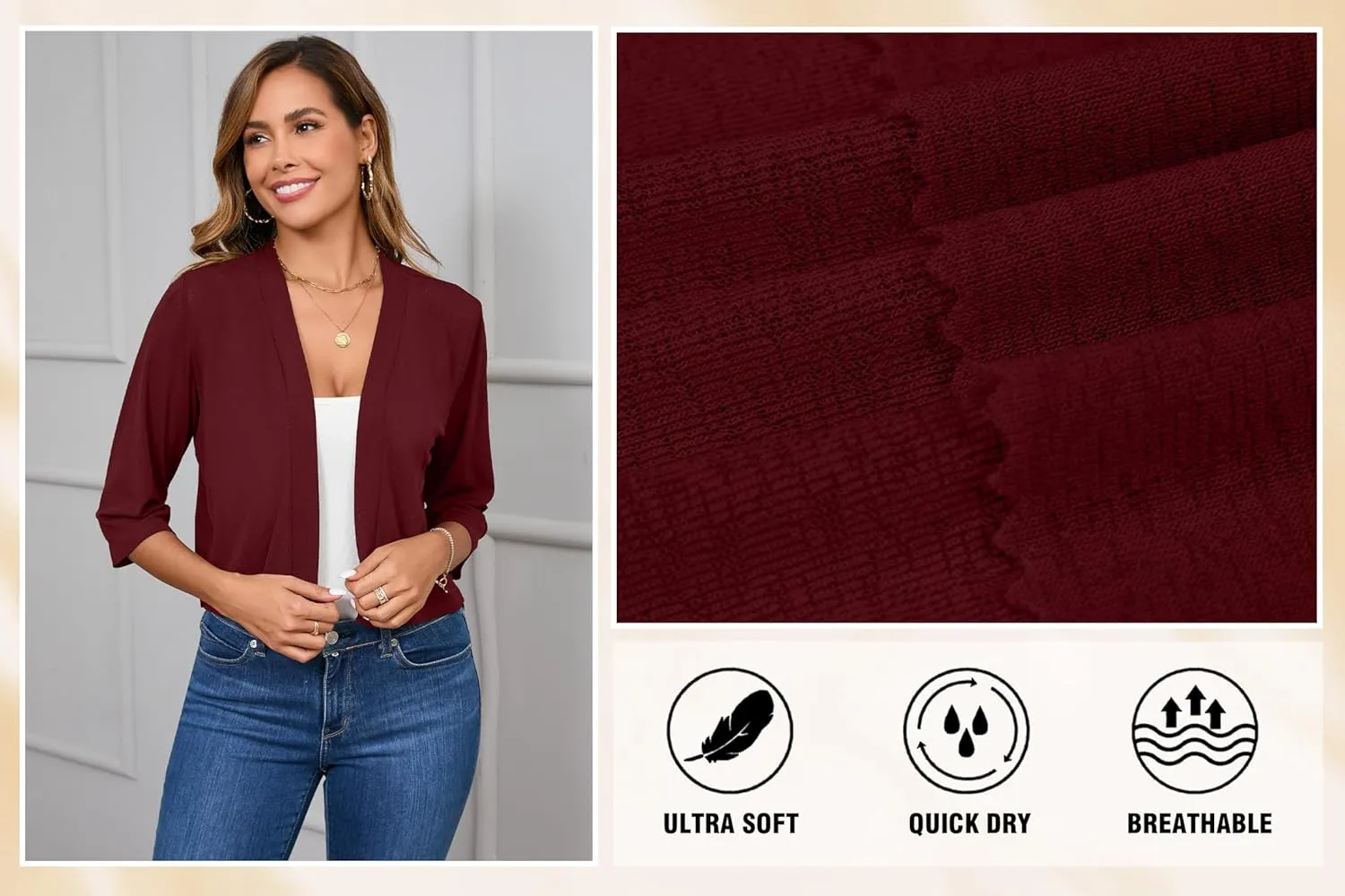 Iandroiy Women's 3/4 Sleeve Shrugs Lightweight Open Front Cropped Cardigan for Women