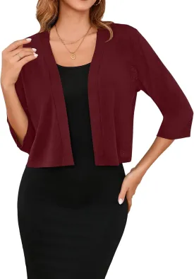 Iandroiy Women's 3/4 Sleeve Shrugs Lightweight Open Front Cropped Cardigan for Women