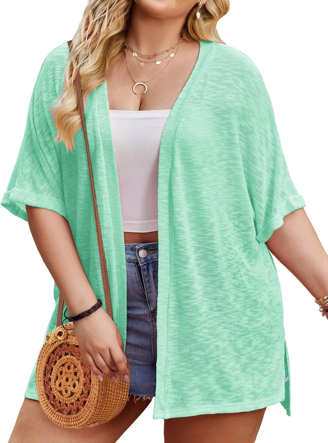 IN'VOLAND Womens Plus Size Lightweight Cardigan Open Front Short Sleeve Casual Loose Fit Beach Cover Up