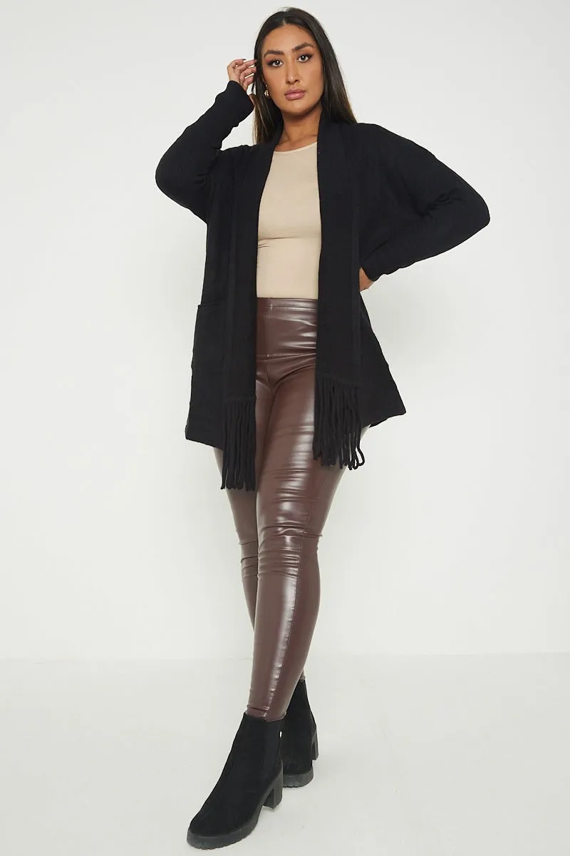 Italian Lagenlook Tassel Fringe Hem Long Sleeve Pockets Open Front Cardigan