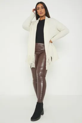 Italian Lagenlook Tassel Fringe Hem Long Sleeve Pockets Open Front Cardigan