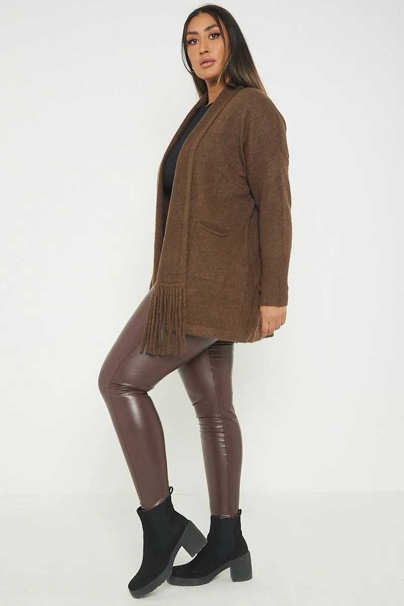 Italian Lagenlook Tassel Fringe Hem Long Sleeve Pockets Open Front Cardigan