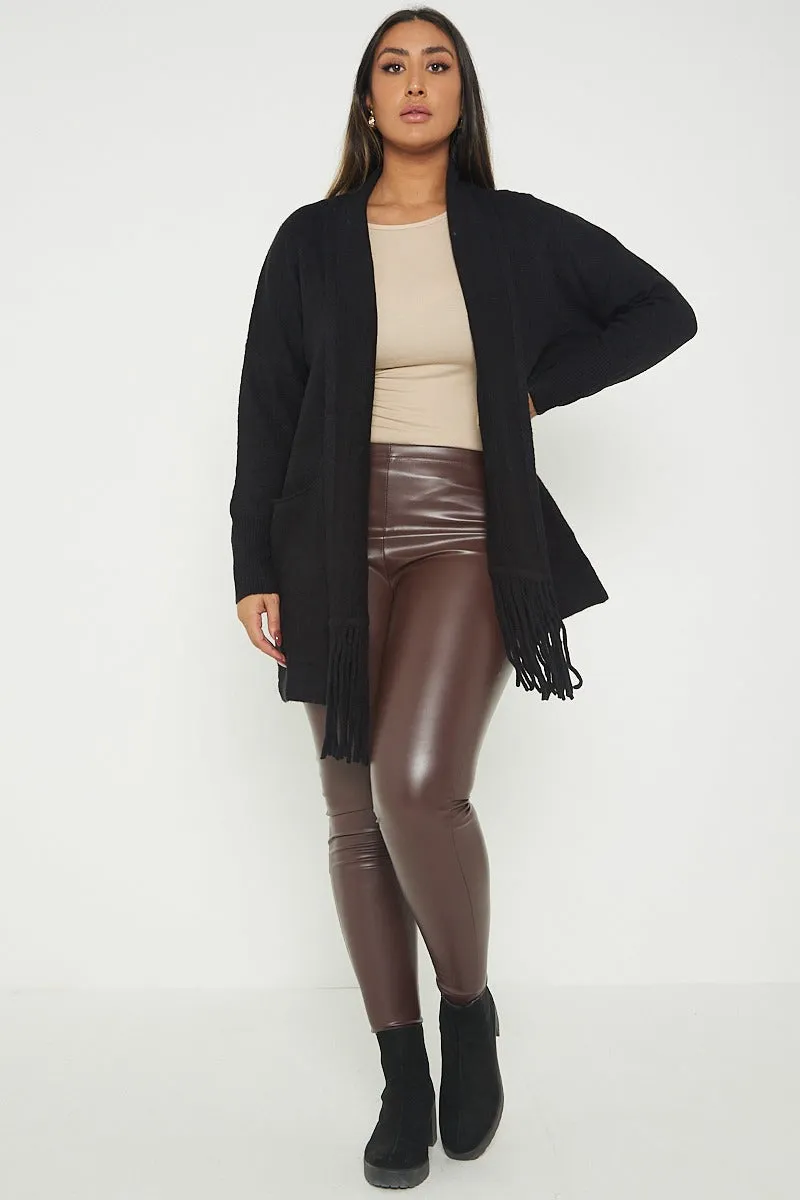 Italian Lagenlook Tassel Fringe Hem Long Sleeve Pockets Open Front Cardigan