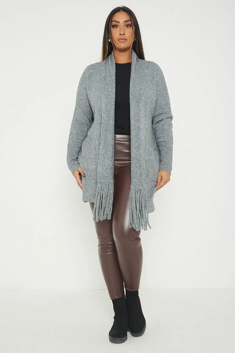 Italian Lagenlook Tassel Fringe Hem Long Sleeve Pockets Open Front Cardigan