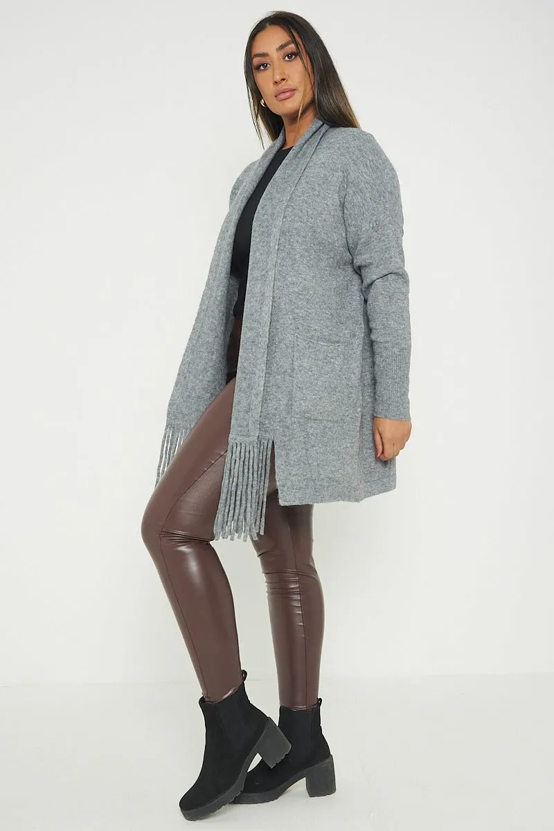 Italian Lagenlook Tassel Fringe Hem Long Sleeve Pockets Open Front Cardigan