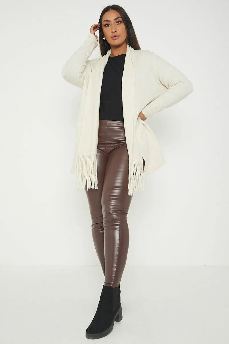 Italian Lagenlook Tassel Fringe Hem Long Sleeve Pockets Open Front Cardigan