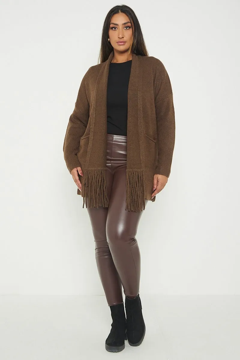 Italian Lagenlook Tassel Fringe Hem Long Sleeve Pockets Open Front Cardigan