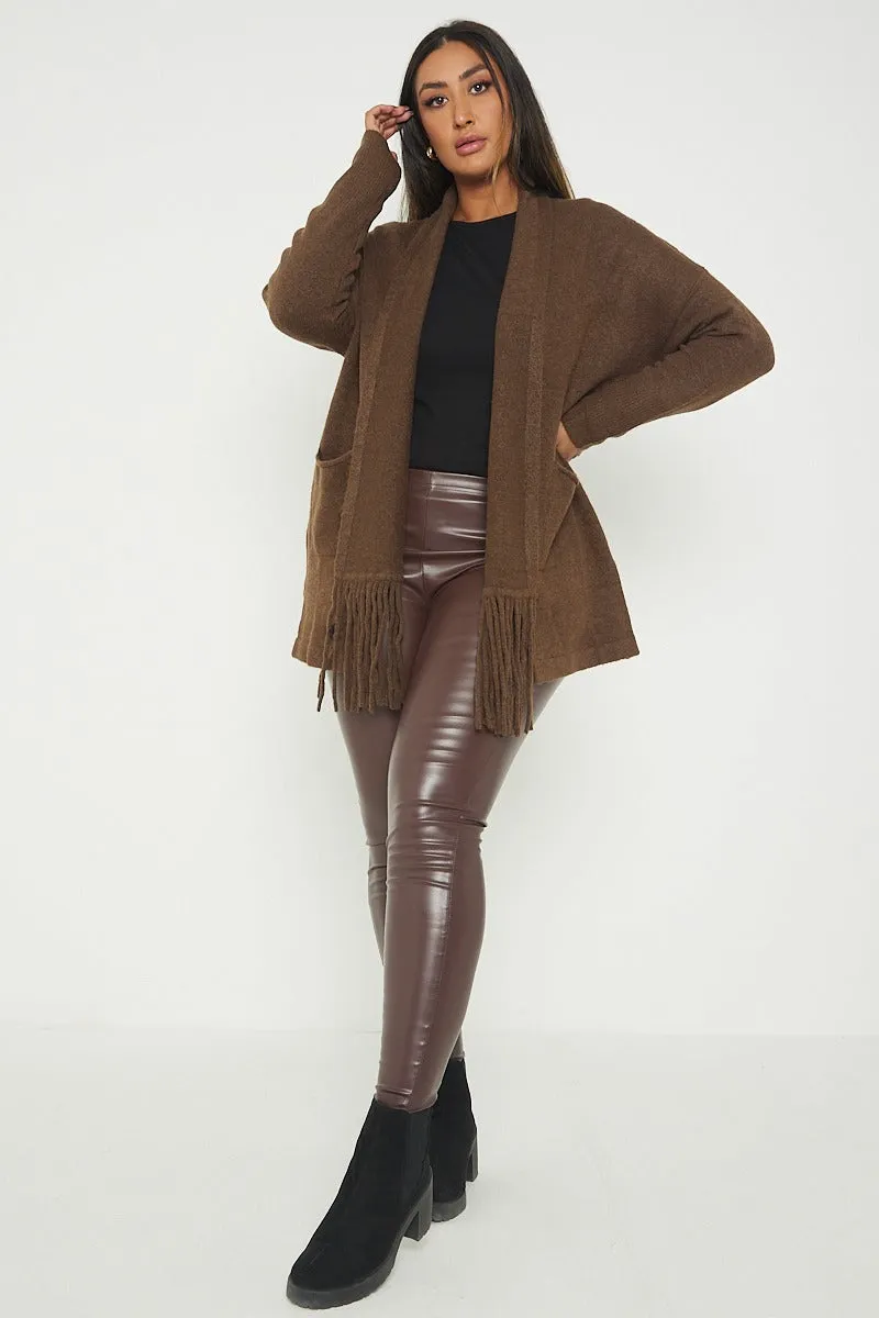 Italian Lagenlook Tassel Fringe Hem Long Sleeve Pockets Open Front Cardigan