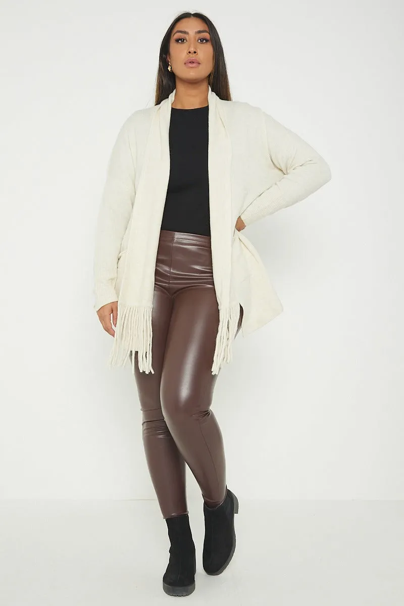 Italian Lagenlook Tassel Fringe Hem Long Sleeve Pockets Open Front Cardigan