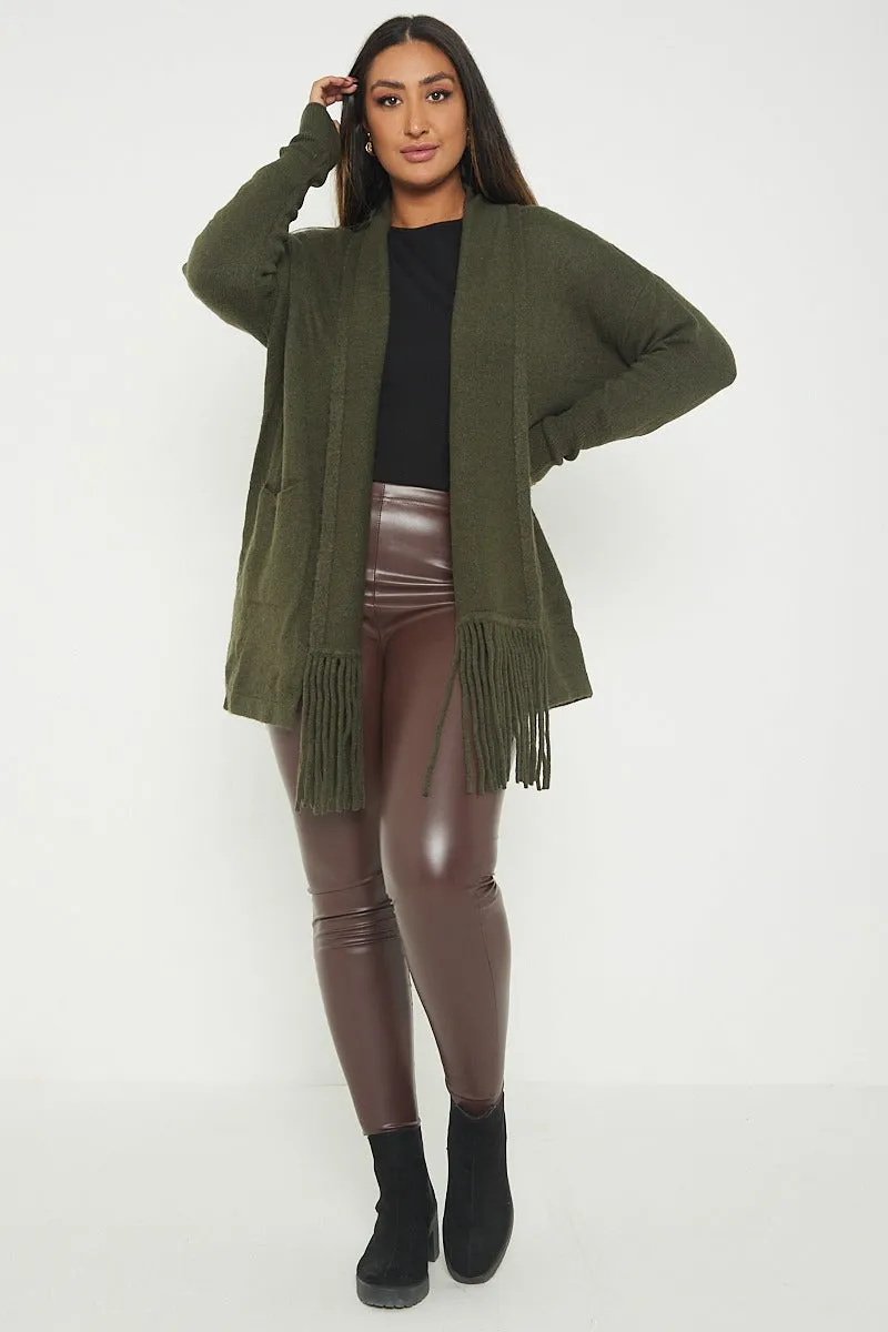 Italian Lagenlook Tassel Fringe Hem Long Sleeve Pockets Open Front Cardigan