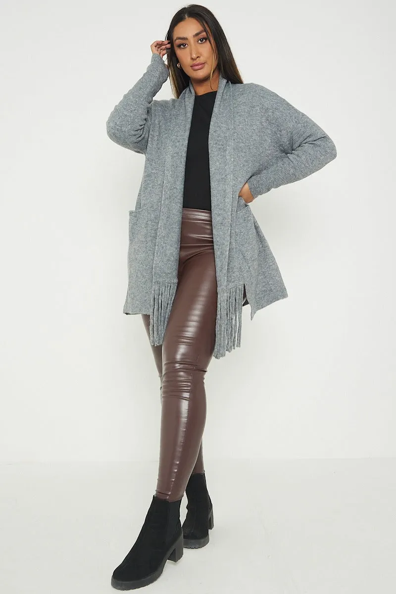 Italian Lagenlook Tassel Fringe Hem Long Sleeve Pockets Open Front Cardigan