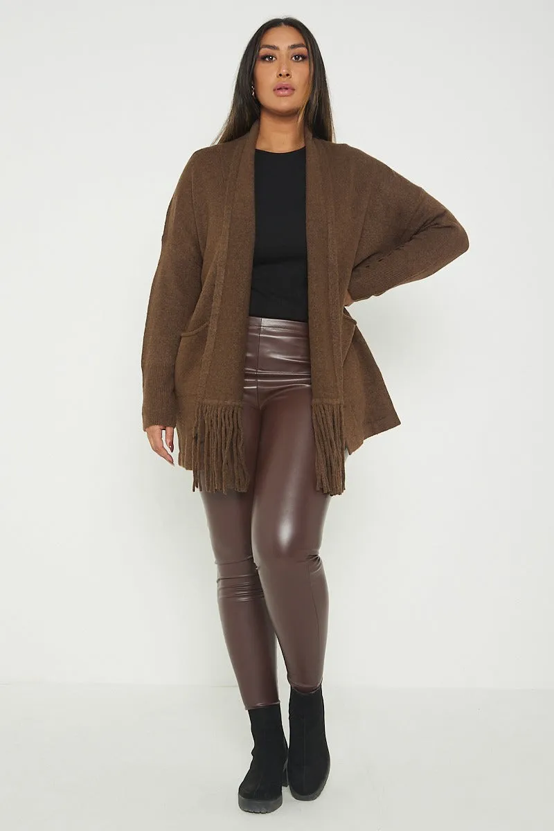 Italian Lagenlook Tassel Fringe Hem Long Sleeve Pockets Open Front Cardigan
