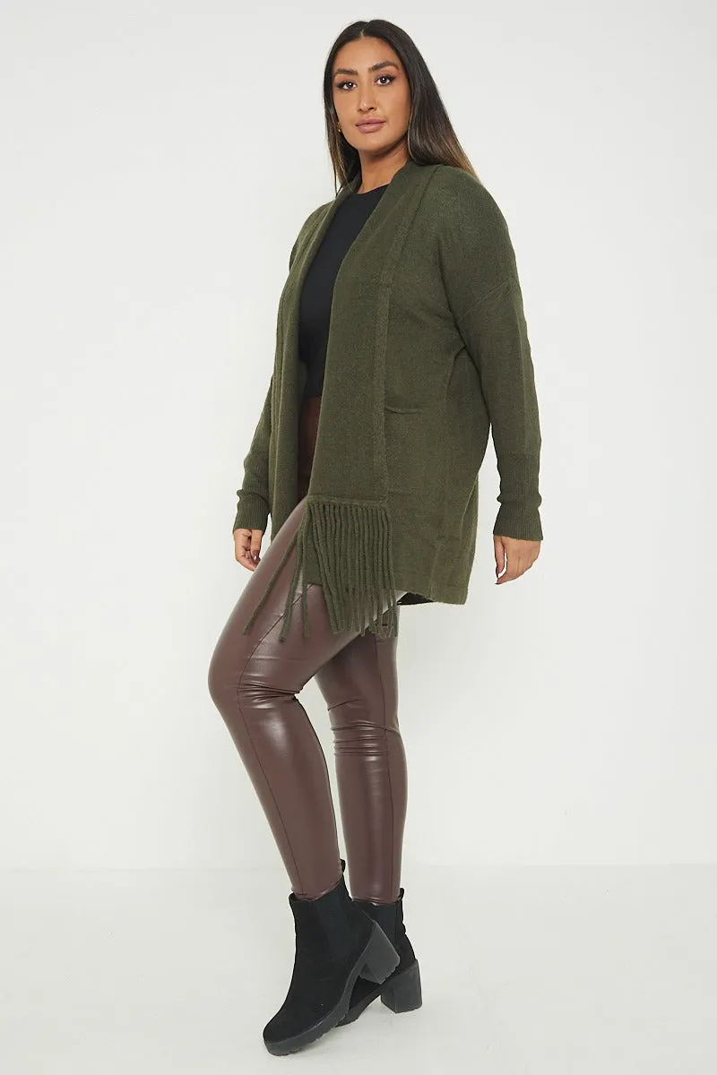 Italian Lagenlook Tassel Fringe Hem Long Sleeve Pockets Open Front Cardigan