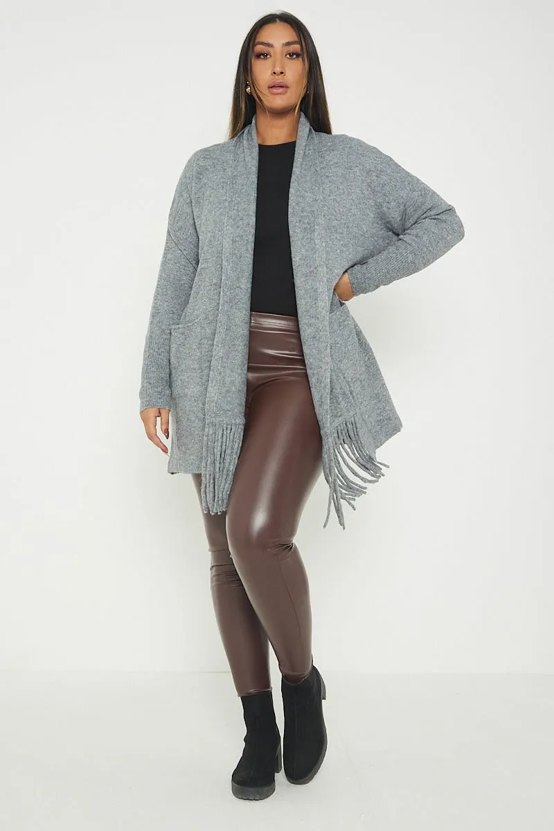 Italian Lagenlook Tassel Fringe Hem Long Sleeve Pockets Open Front Cardigan