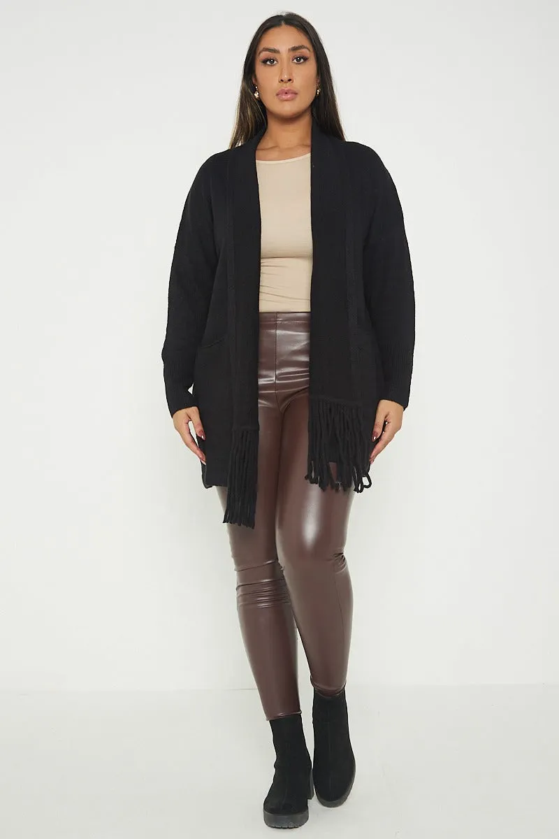 Italian Lagenlook Tassel Fringe Hem Long Sleeve Pockets Open Front Cardigan
