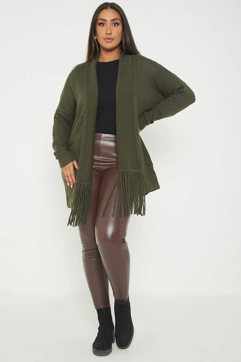 Italian Lagenlook Tassel Fringe Hem Long Sleeve Pockets Open Front Cardigan