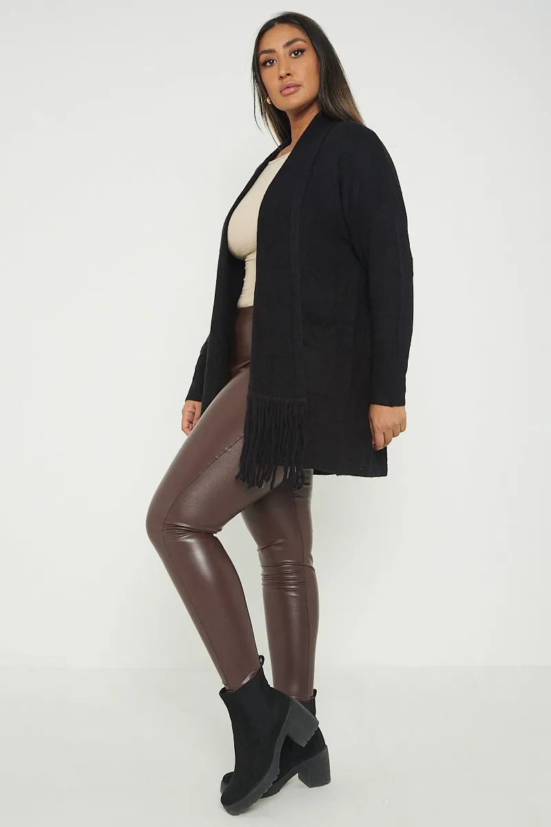 Italian Lagenlook Tassel Fringe Hem Long Sleeve Pockets Open Front Cardigan