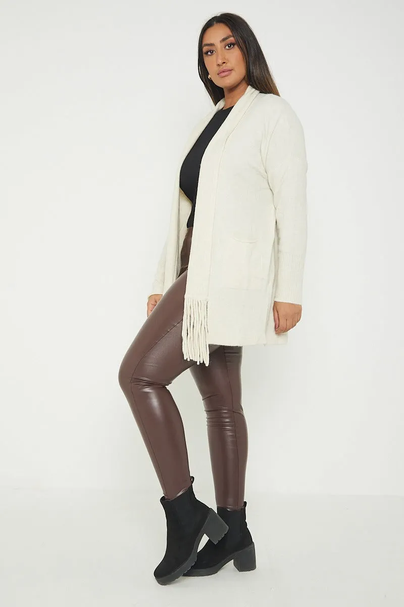 Italian Lagenlook Tassel Fringe Hem Long Sleeve Pockets Open Front Cardigan