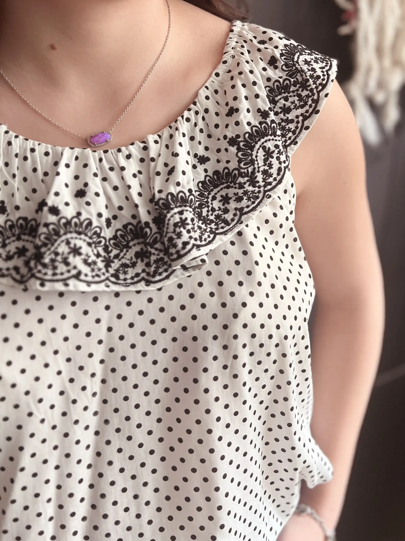 Ivory & Black Dot Embroidered Floral Ruffle Top