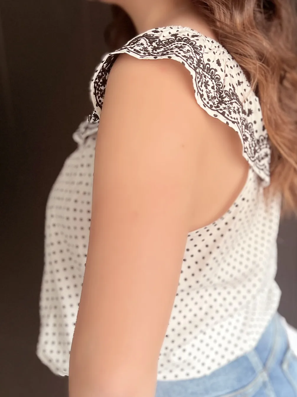 Ivory & Black Dot Embroidered Floral Ruffle Top