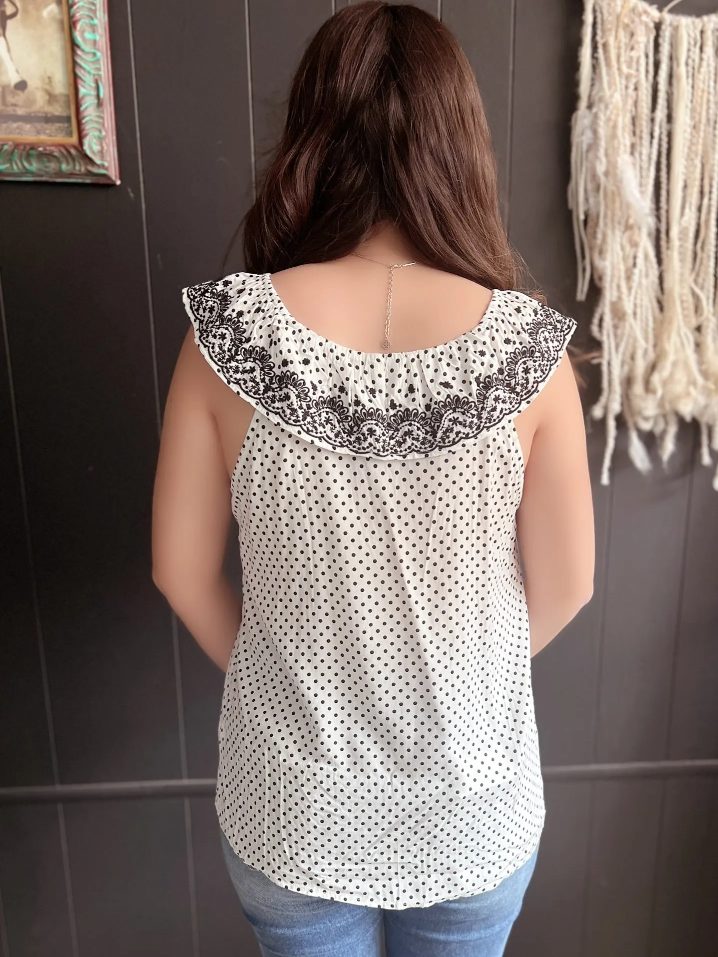 Ivory & Black Dot Embroidered Floral Ruffle Top