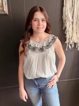 Ivory & Black Dot Embroidered Floral Ruffle Top