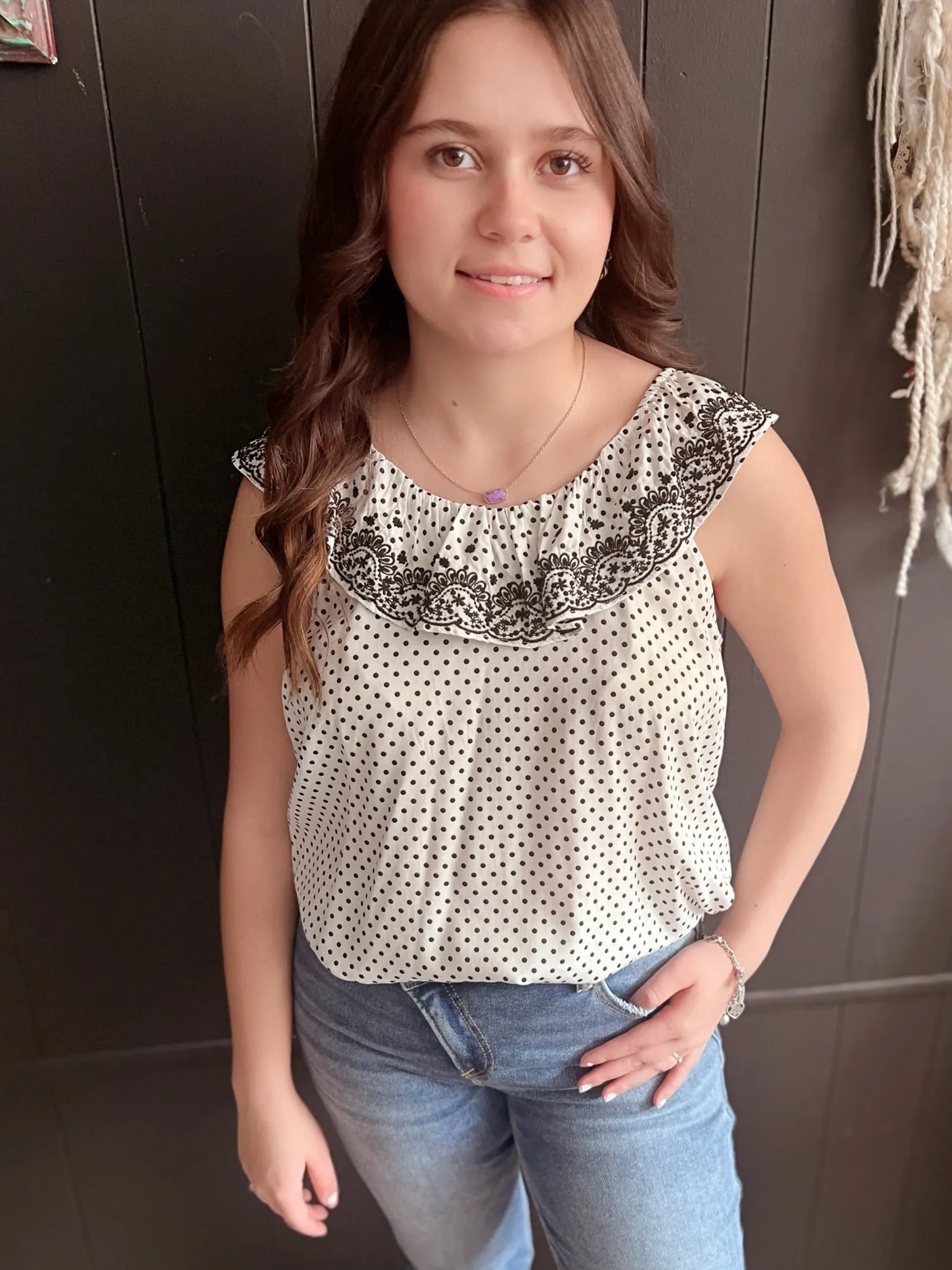 Ivory & Black Dot Embroidered Floral Ruffle Top
