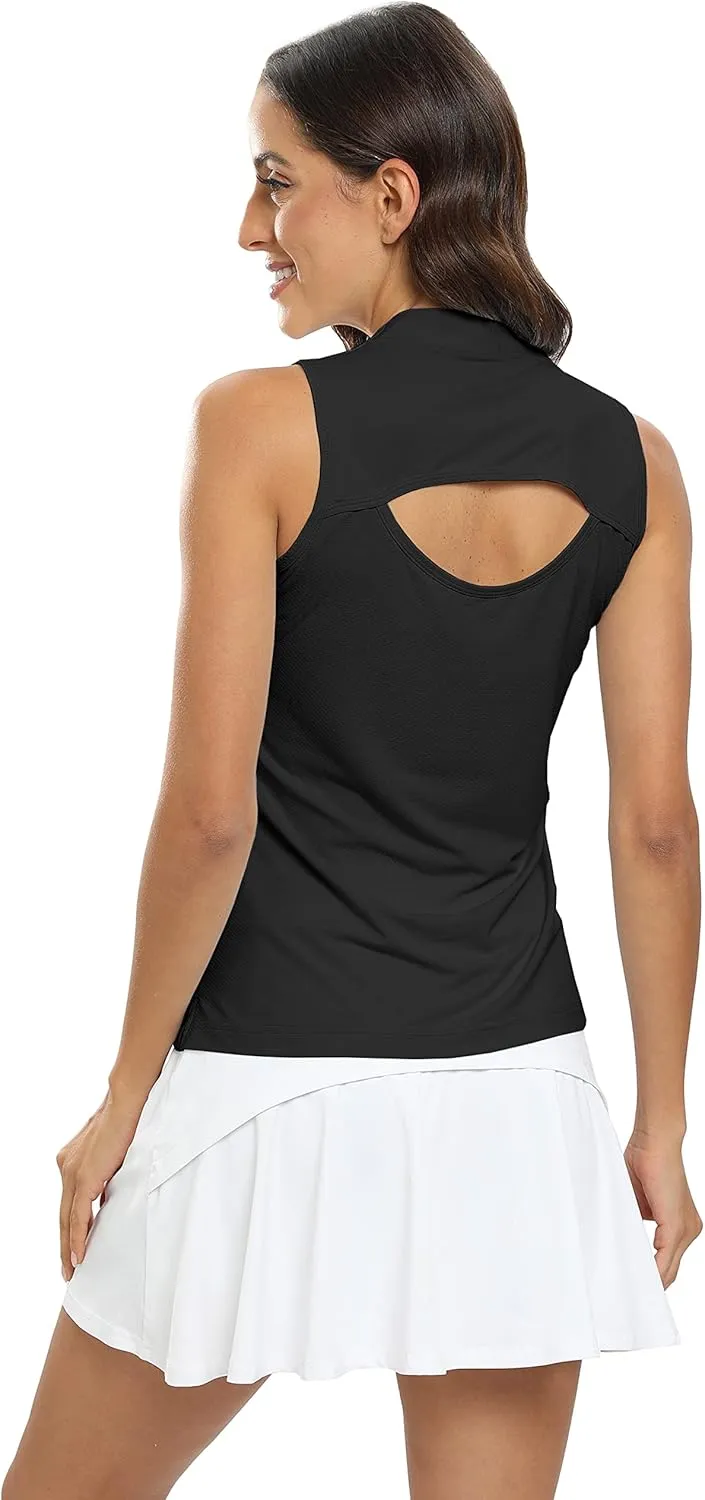 JINSHI Women's Sleeveless Golf Polo Shirts V Neck Sport Tank Top UPF50  Tennis Shirts Quick Dry