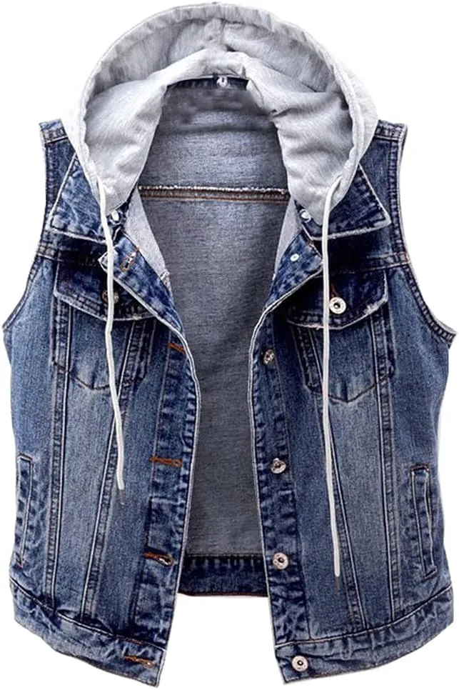 Kedera Women's Distressed Sleeveless Denim Vest with Detachable Hoodie