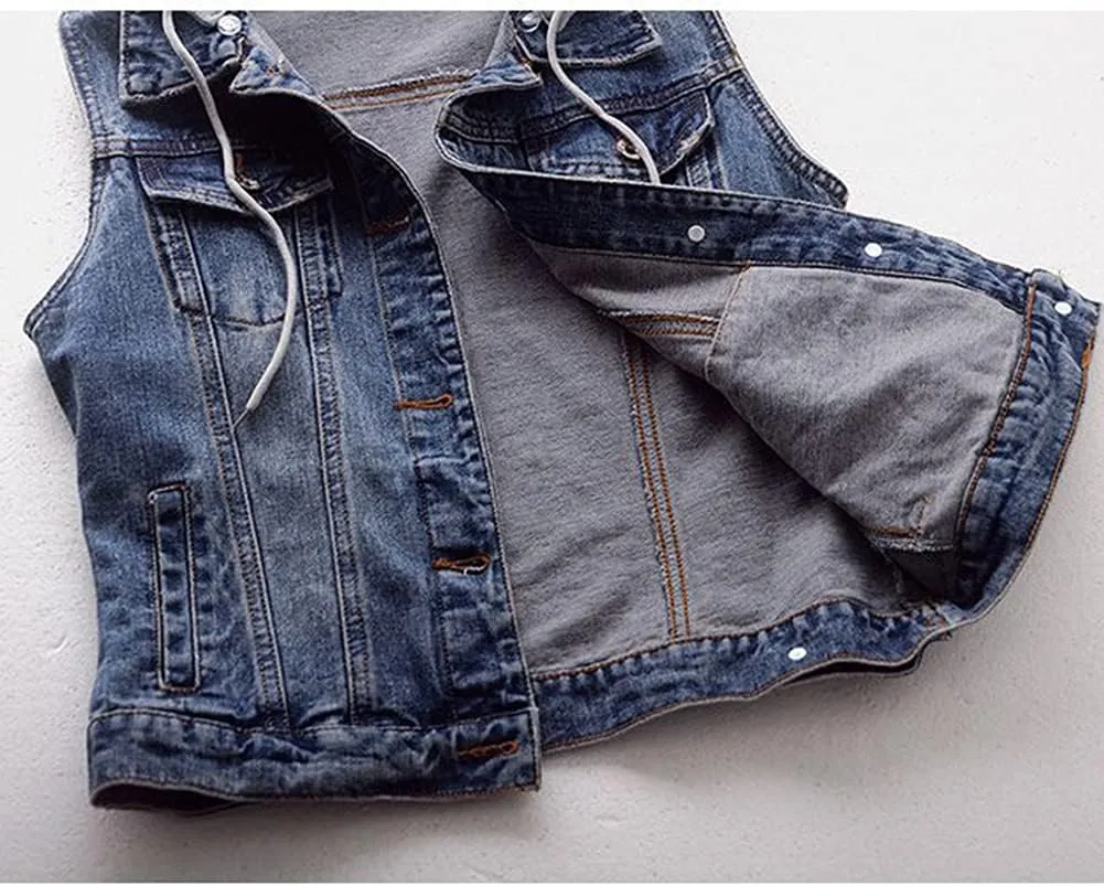 Kedera Women's Distressed Sleeveless Denim Vest with Detachable Hoodie