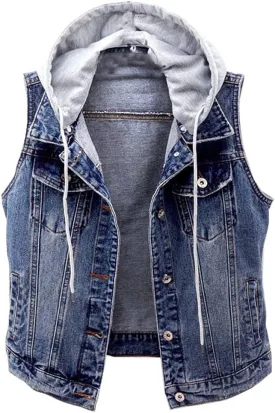 Kedera Women's Distressed Sleeveless Denim Vest with Detachable Hoodie