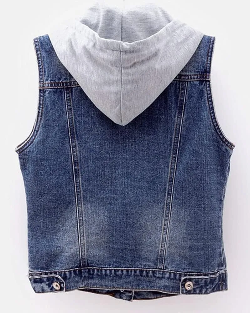 Kedera Women's Distressed Sleeveless Denim Vest with Detachable Hoodie