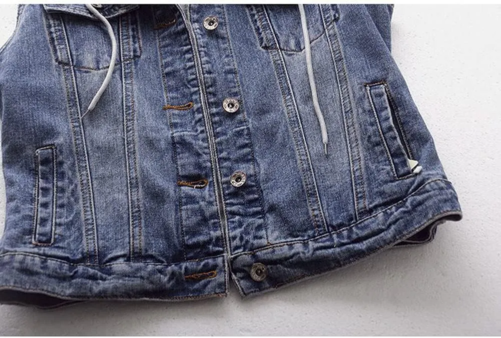 Kedera Women's Distressed Sleeveless Denim Vest with Detachable Hoodie