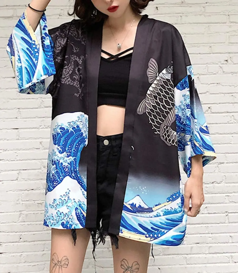 LAI MENG FIVE CATS Women's Loose fit Japanese Koi Fish Print Kimono Cover up Casual Tops