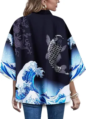 LAI MENG FIVE CATS Women's Loose fit Japanese Koi Fish Print Kimono Cover up Casual Tops