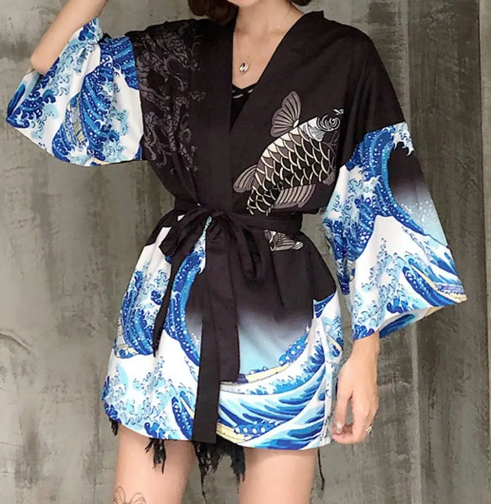 LAI MENG FIVE CATS Women's Loose fit Japanese Koi Fish Print Kimono Cover up Casual Tops