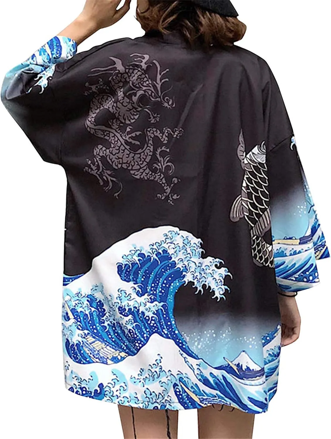 LAI MENG FIVE CATS Women's Loose fit Japanese Koi Fish Print Kimono Cover up Casual Tops