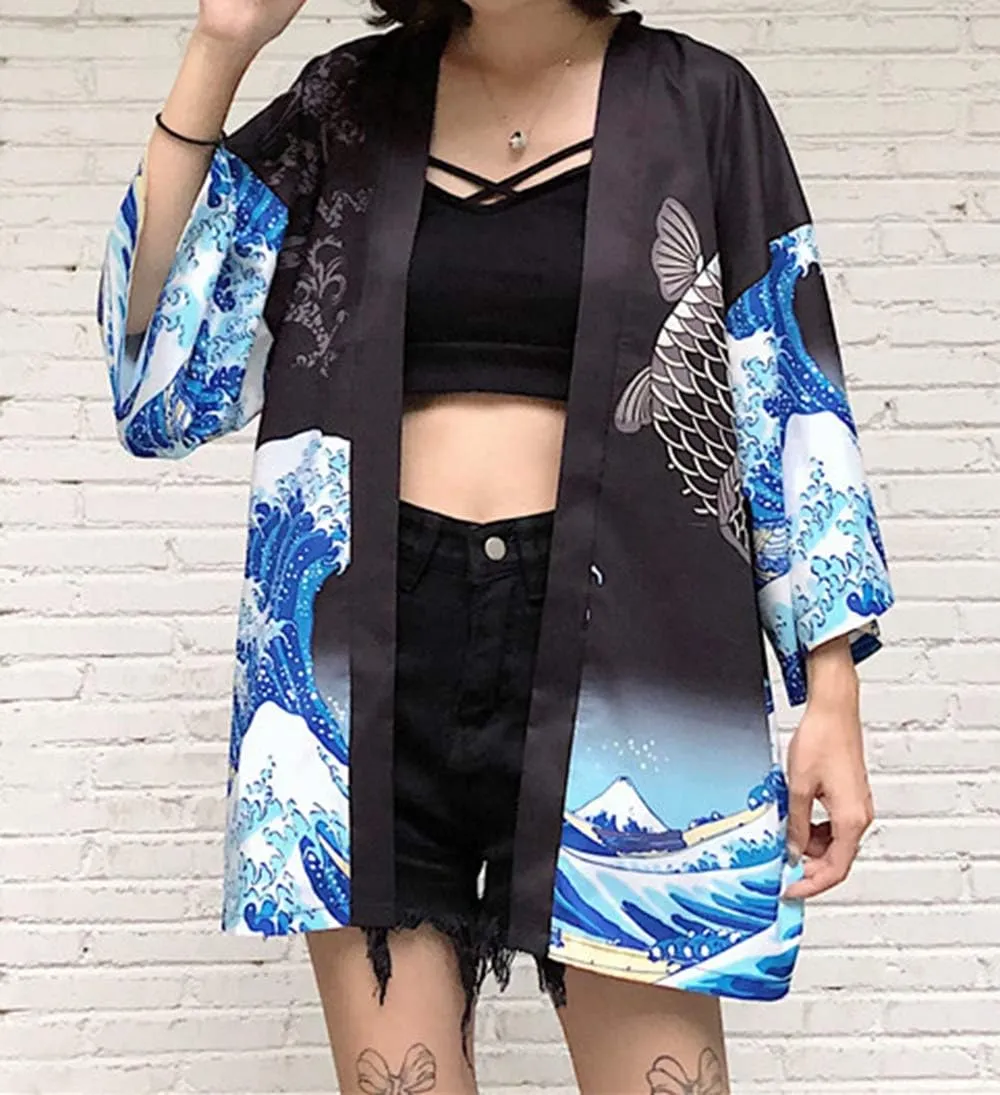 LAI MENG FIVE CATS Women's Loose fit Japanese Koi Fish Print Kimono Cover up Casual Tops