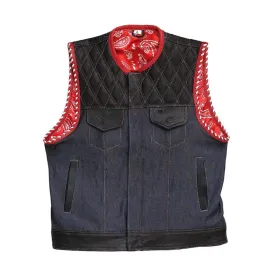 Leather vest,Diamond Quilted Perforated Leather Style Denim & Leather Motorcycle Vest Braided Men's Leather Vest Biker Rider Club