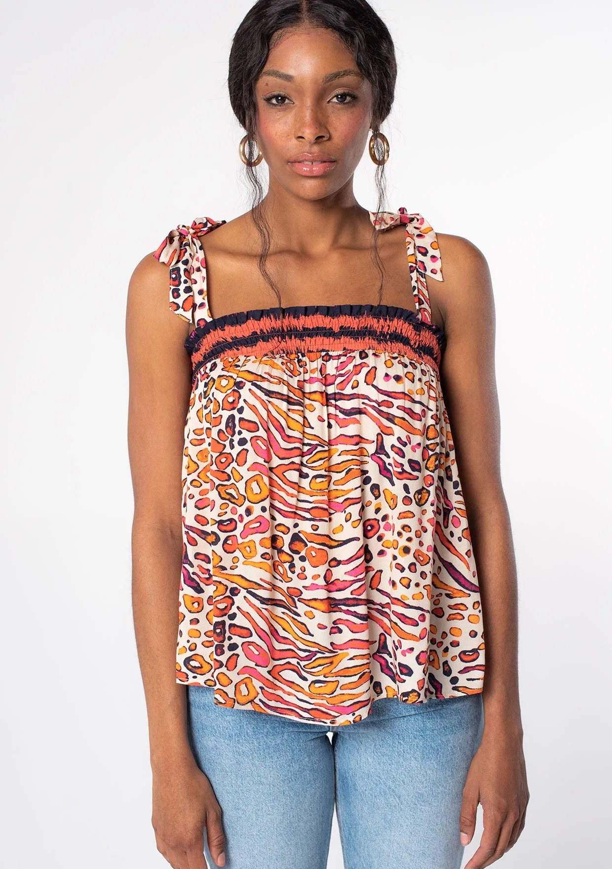Leopard Print Smocked Tie Shoulder Tank Top