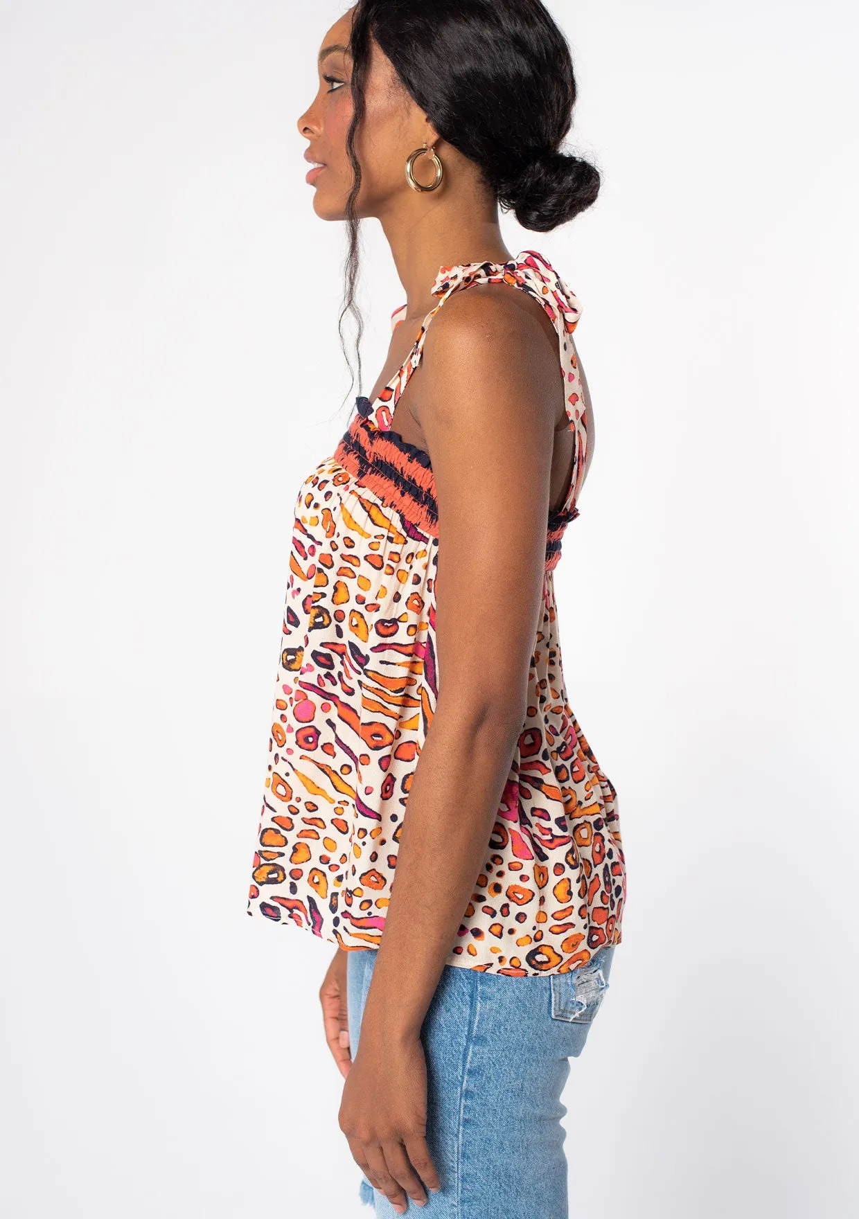 Leopard Print Smocked Tie Shoulder Tank Top